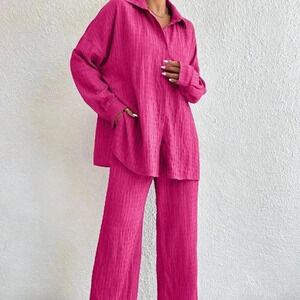 Hot Pink Casual Women's Drop Shoulder Shirt & Wide Leg Pants